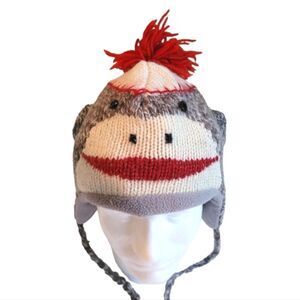 Deluxe Sock Monkey Adult Hand Made Winter Knit Hat Gray Red Cream w Pom Pom